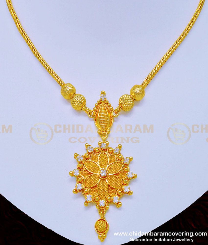 NLC878 - One Gram Gold Simple White Stone Flower Pendant Necklace Design Buy Online