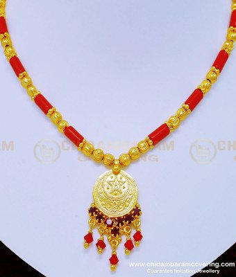 NLC880 - One Gram Gold Red Coral Necklace with Lakshmi Pendant Mangalore Necklace Online