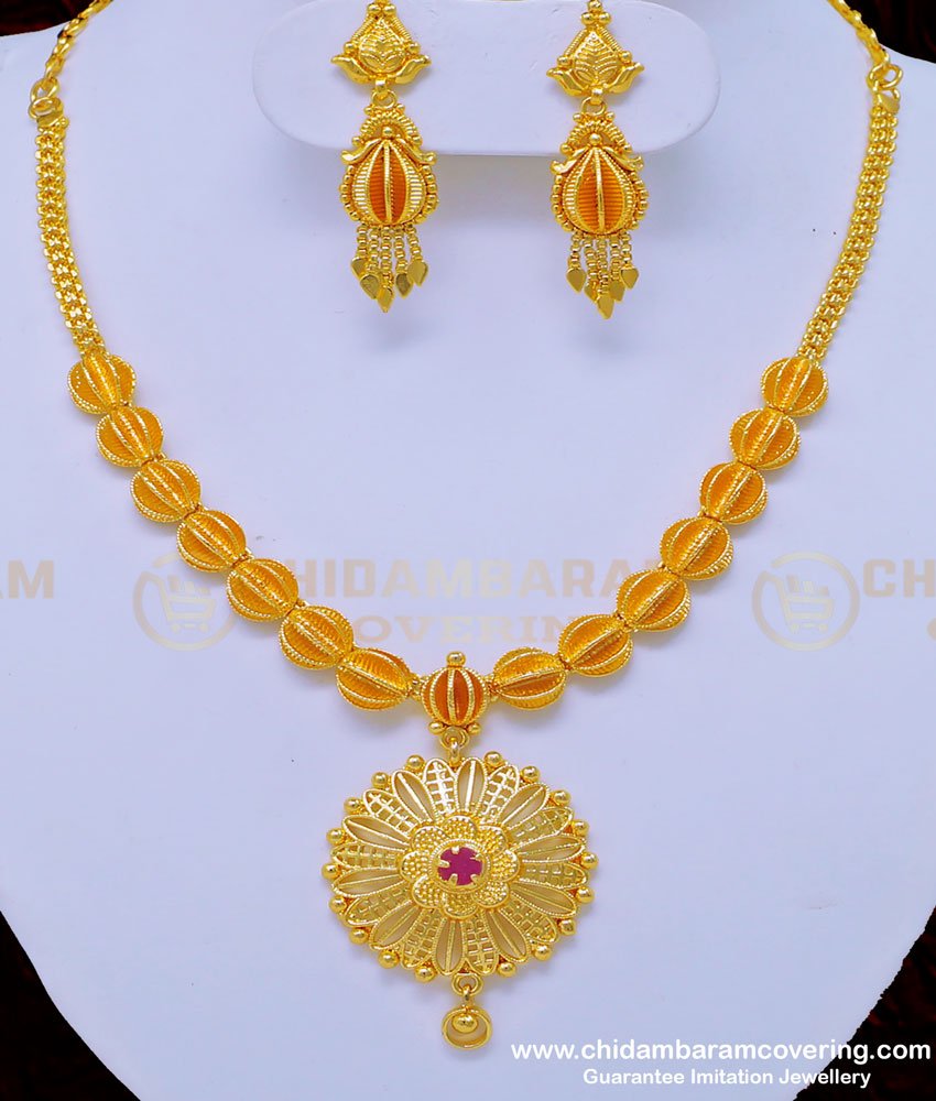 NLC889 - One Gram Gold Guarantee Necklace Flower Pendant Stone Necklace with Earrings Online 
