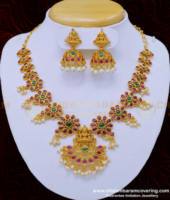 NLC891 - First Quality Antique Jewellery Original Kemp Stone with Pearl Necklace Set for Wedding 