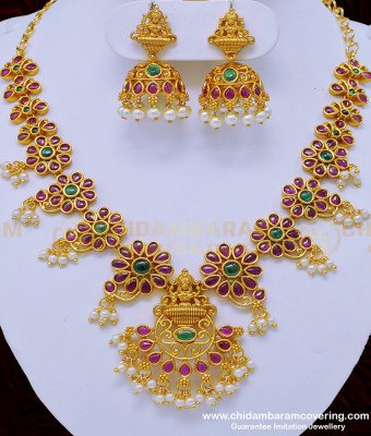 NLC891 - First Quality Antique Jewellery Original Kemp Stone with Pearl Necklace Set for Wedding 