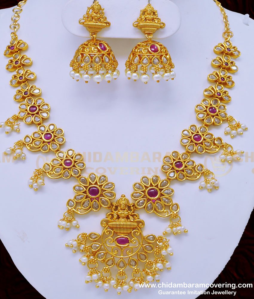 NLC892 - First Quality Uncut Diamond Look Lakshmi Design with Pearl Antique Necklace Set Online 