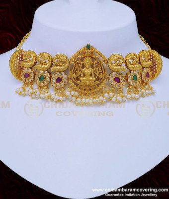 NLC894 - Premium Quality Nagas Jewellery Bridal Wear Ad Stone Lakshmi Antique Choker Necklace Set for Wedding 