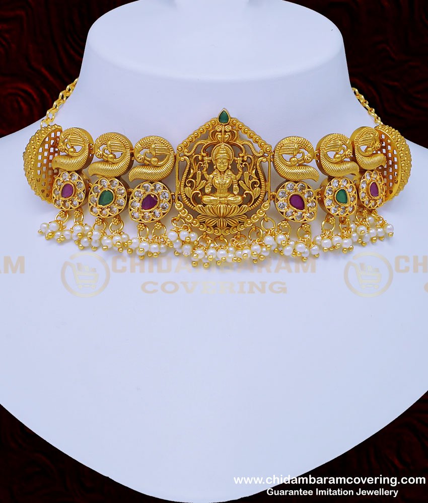NLC894 - Premium Quality Nagas Jewellery Bridal Wear Ad Stone Lakshmi Antique Choker Necklace Set for Wedding 