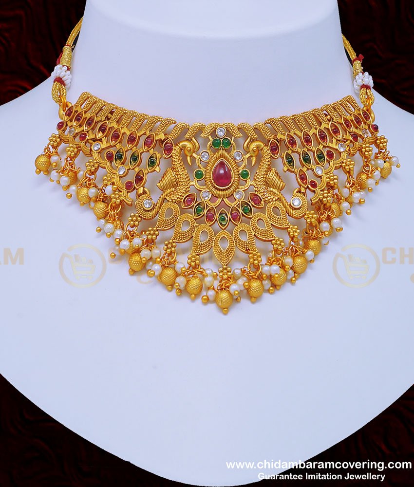 NLC895 - Temple Jewellery Matte Finish Peacock Design Choker Necklace Set for Wedding 
