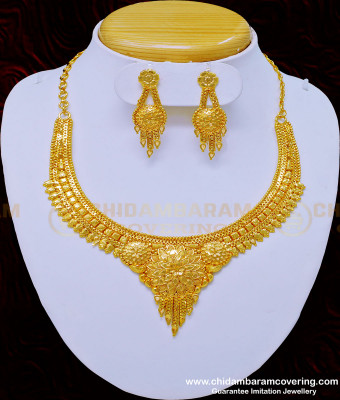 NLC906 - Traditional Gold Covering Calcutta Necklace with Earrings Indian Wedding Jewellery 