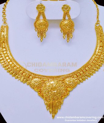 NLC906 - Traditional Gold Covering Calcutta Necklace with Earrings Indian Wedding Jewellery 