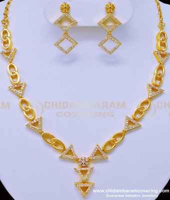 NLC908 - Modern Simple White Stone Necklace with Earrings One Gram Gold Jewellery Online 