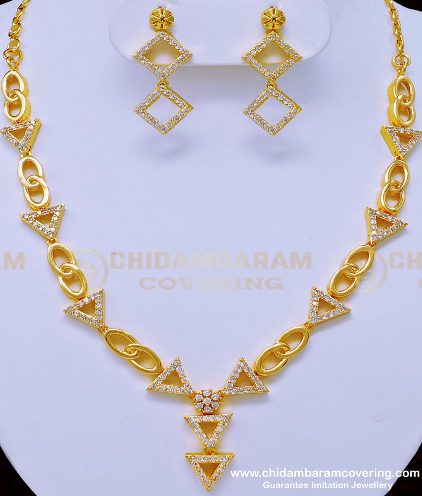 NLC908 - Modern Simple White Stone Necklace with Earrings One Gram Gold Jewellery Online 