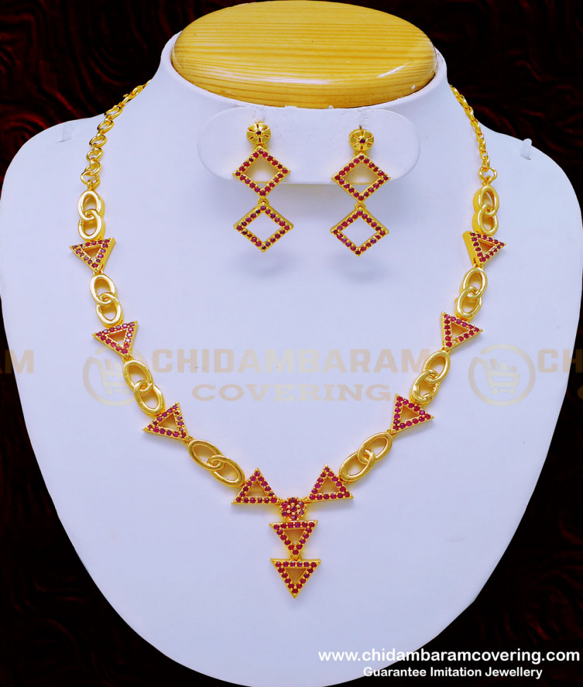 NLC909 - Modern Ruby Stone Party Wear Necklace Set One Gram Gold Jewellery Online 