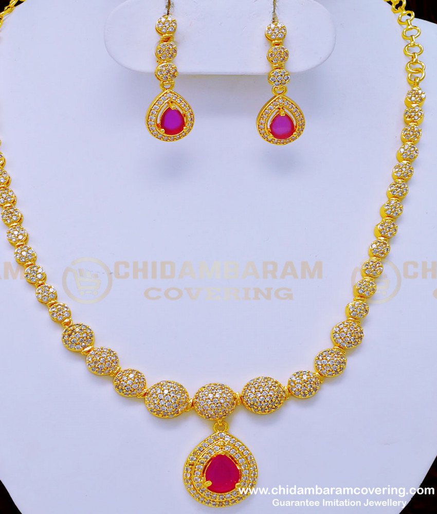 NLC910 - latest diamond look party wear necklace with earrings original gold plated jewellery 