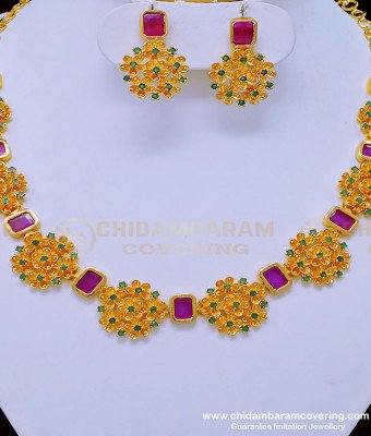 NLC912 - Attractive Gold Plated Bridal Wear Flower Design Pink Stone Necklace With Earrings Online 