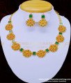 NLC913 - Beautiful Kerala Jewellery Gold Plated Flower Design Green Stone Necklace Set for Wedding 