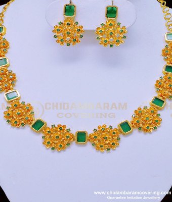 NLC913 - Beautiful Kerala Jewellery Gold Plated Flower Design Green Stone Necklace Set for Wedding 