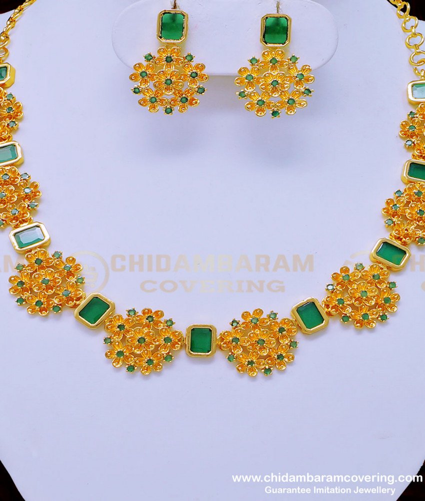 NLC913 - Beautiful Kerala Jewellery Gold Plated Flower Design Green Stone Necklace Set for Wedding 