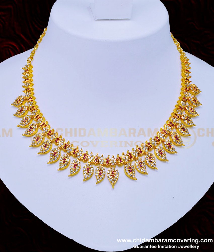 NLC914 - Beautiful First Quality White and Ruby Stone Mango Design Real Gold Look Necklace Set Guaranteed Jewellery