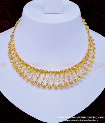 NLC915 - Elegant Modern Diamond Pattern White Stone Necklace with Earring Choker Necklace Set  