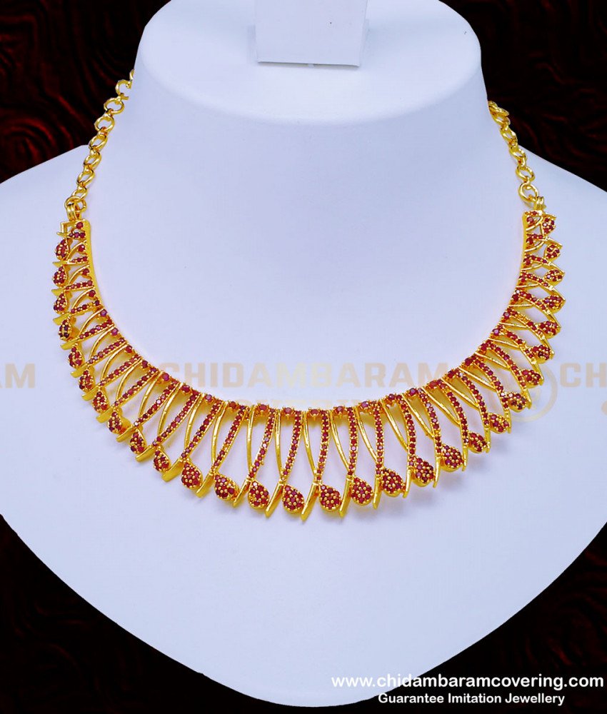 NLC916 - Attractive Party Wear Ruby Necklace Set One Gram Gold Choker Necklace Set for Reception 