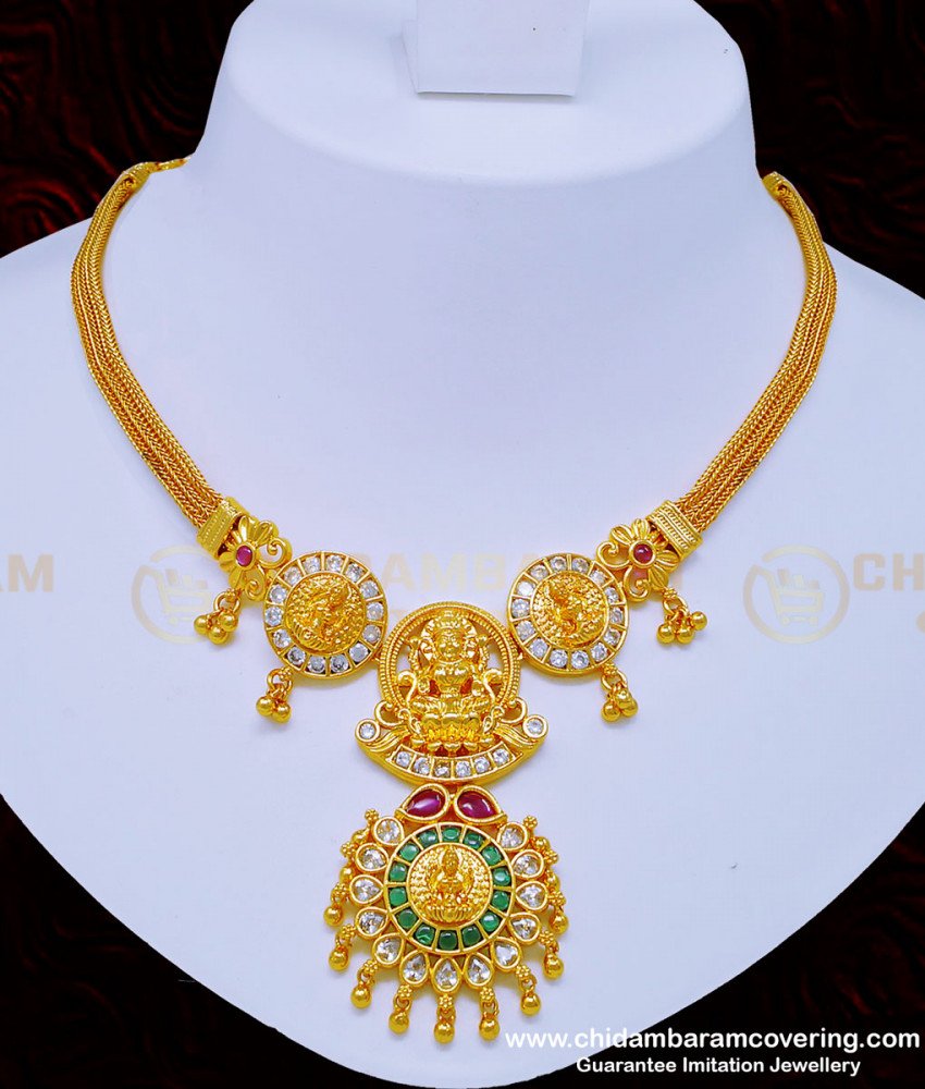 NLC917 - Latest Bridal Wear Uncut Diamond Stone Necklace Pattern Gold Look Necklace Set Guaranteed Jewellery Online