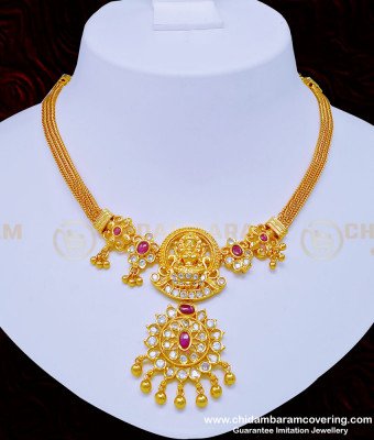 NLC918 - New Model Pure Gold Plated Lakshmi Design Uncut Diamond Stone Necklace with Earrings Set for Wedding 