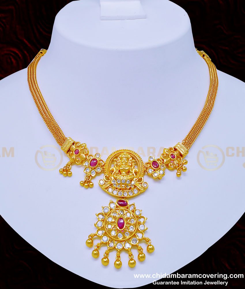 NLC918 - New Model Pure Gold Plated Lakshmi Design Uncut Diamond Stone Necklace with Earrings Set for Wedding 