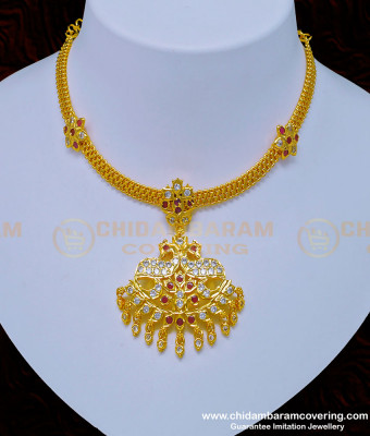 NLC921 - Latest Collection Beautiful White and Ruby Stone Peacock Design Impon Necklace for Women