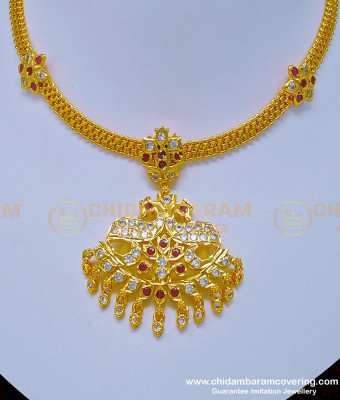 NLC921 - Latest Collection Beautiful White and Ruby Stone Peacock Design Impon Necklace for Women