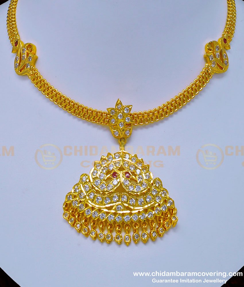 NLC925 - 1 Gram Gold Impon Peacock Dollar with Swan Attached Chain Stone Impon Necklace Online