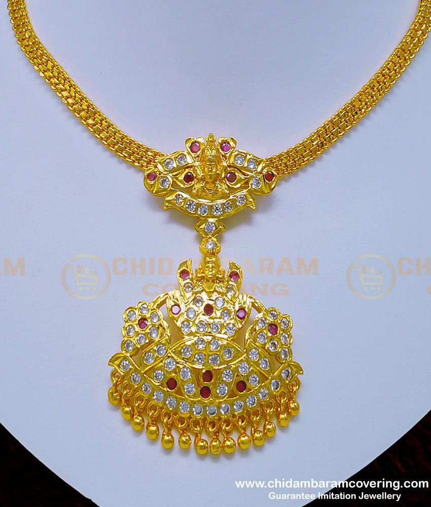 NLC926 - Thick Metal Lakshmi Dollar Design White and Ruby Stone Guarantee Impon Attigai Necklace Buy Online