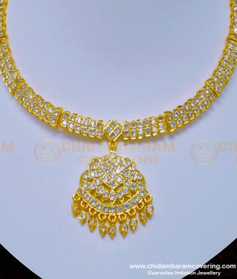 NLC931 - Buy Real Gold Design Full White Stone Five Metal Attigai Necklace for Wedding