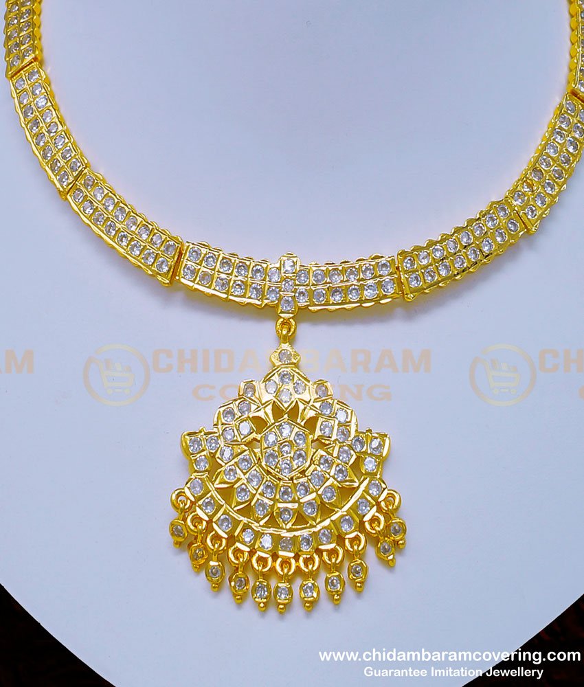 NLC932 - South Indian Wedding Jewellery White Stone Gold Covering Impon Attigai Online 
