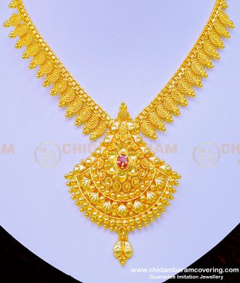 NLC934 - Marriage Bridal Gold Necklace Design Ruby Stone Gold Covering Necklace Online