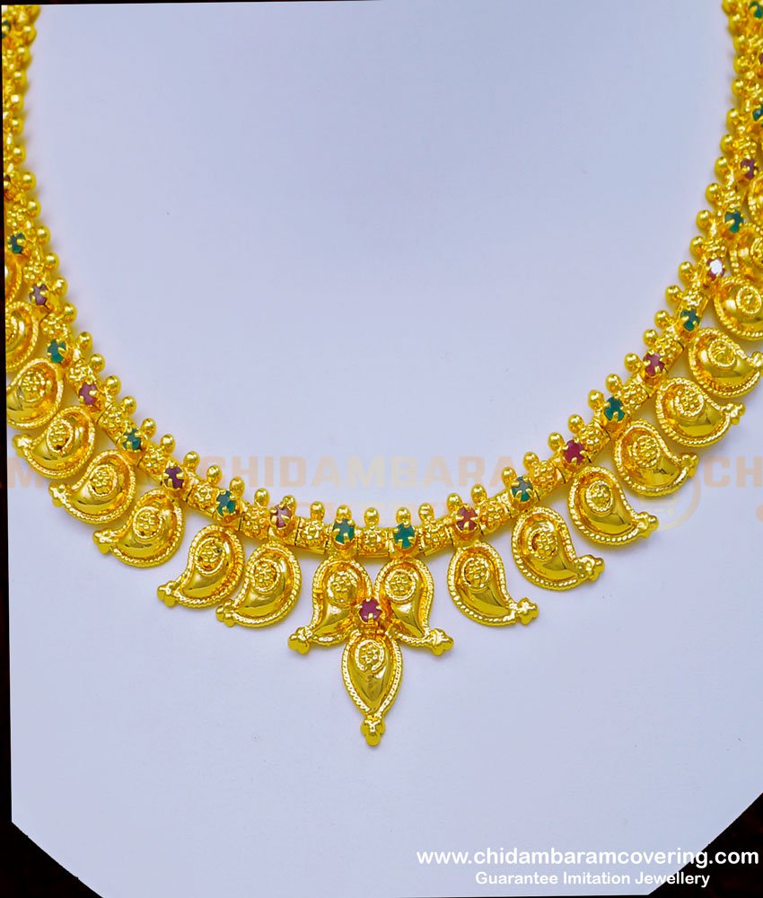 NLC938 - Gold Design Ruby Emerald Stone Mango Necklace Designs Covering Necklace for Wedding