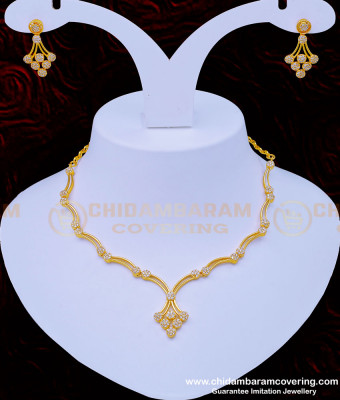NLC943 - Simple Design Party Wear White Stone Never Fade Necklace with Earring Online