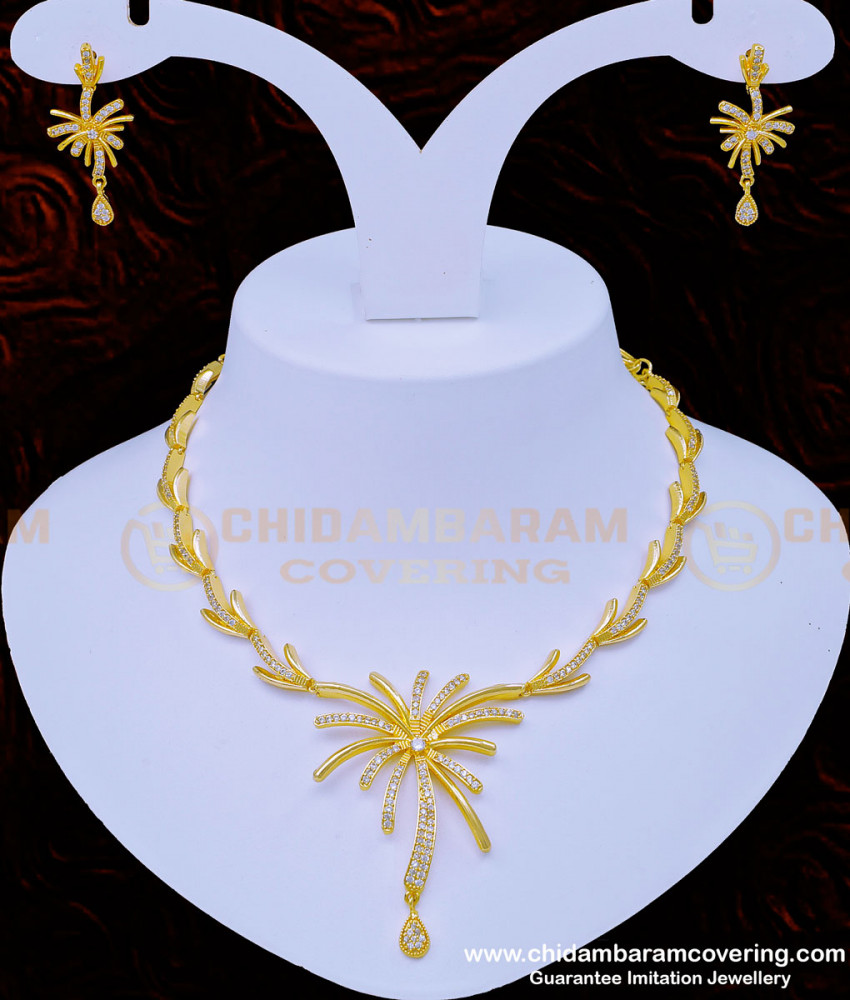NLC946 - Modern Diamond Finish Sri Lankan Wedding Necklace with Earrings  