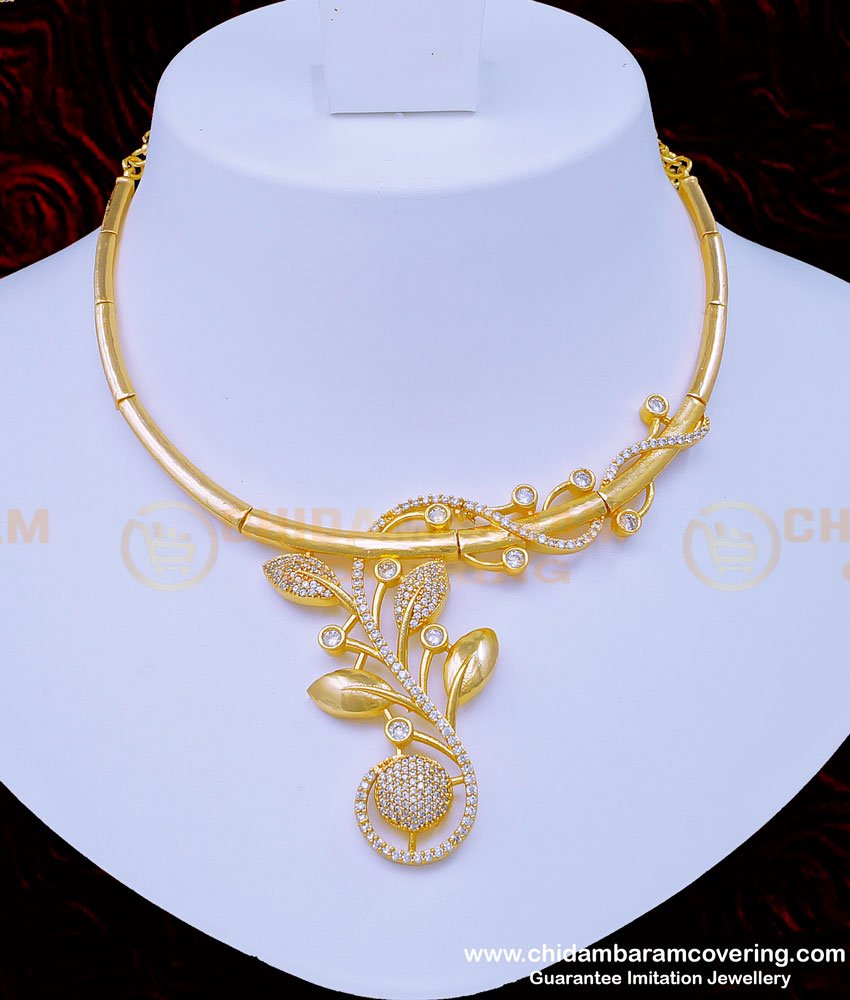 NLC948 - Beautiful Real Diamond Design White Stone Sri Lankan Necklace with Earrings