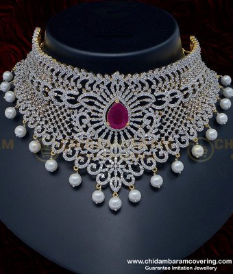 NLC952 - First Quality Heavy Diamond Choker Necklace with Earrings Set for Reception