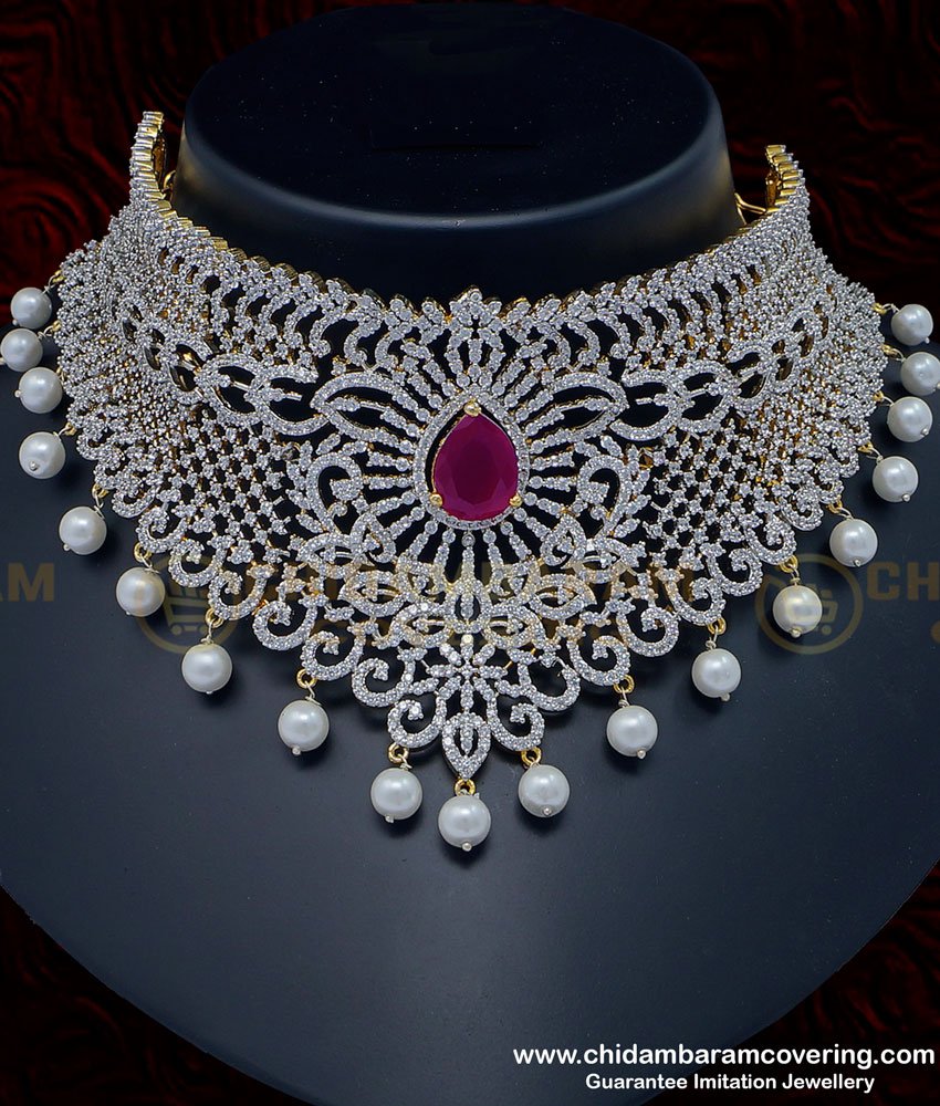 NLC952 - First Quality Heavy Diamond Choker Necklace with Earrings Set for Reception