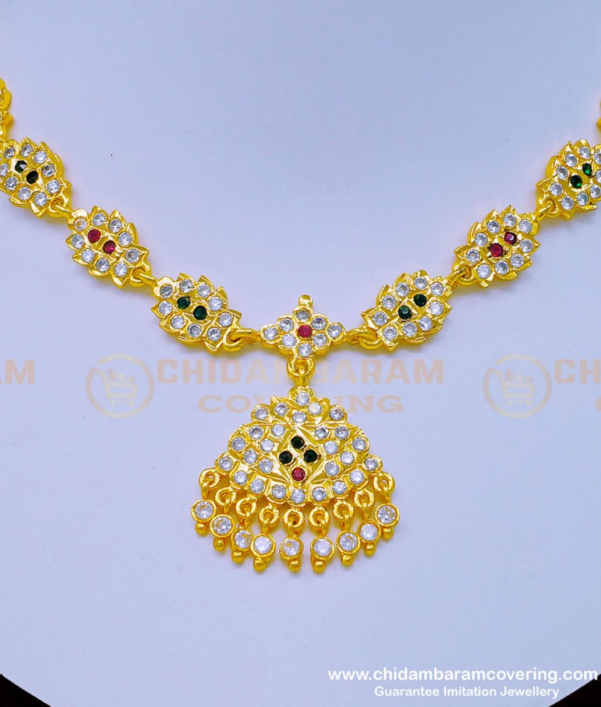 NLC956 - Traditional Multi Stone Impon Gold Attigai Design Necklace for Wedding 
