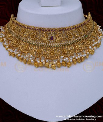 NLC963 - Premium Quality Bridal Wear Ad Stone Peacock Design Antique Choker Necklace Set 