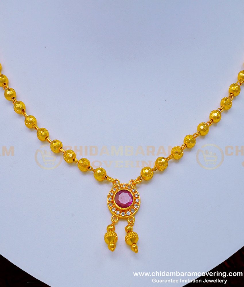 NLC965 - 1 Gram Gold Gold Balls with Stone Pendant Simple Necklace for Girls