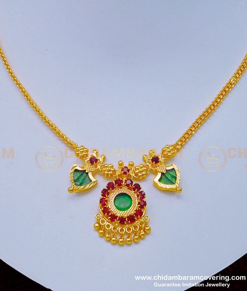 Nlc967 - Traditional Kerala Single Green Palakka Necklace One Gram Gold Jewelry Online
