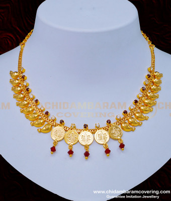 NLC969 - Latest Design White and Red Stone Mango with Lakshmi Kasu Necklace Online