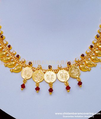 NLC969 - Latest Design White and Red Stone Mango with Lakshmi Kasu Necklace Online