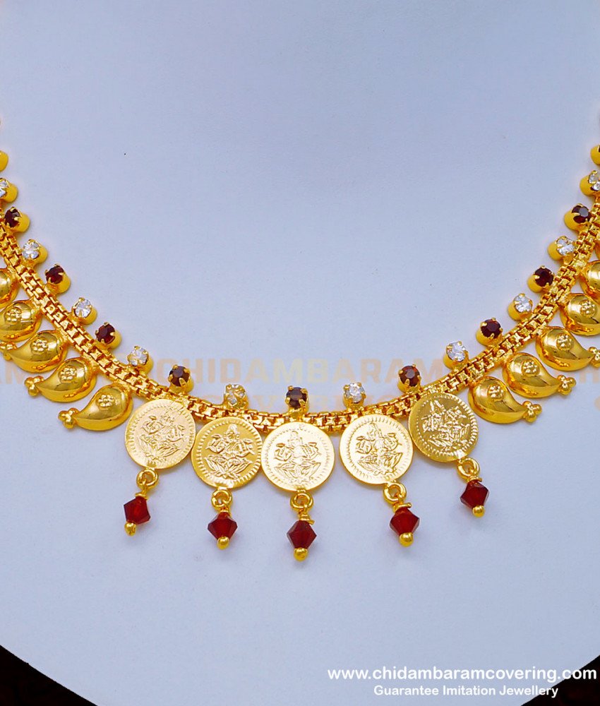 NLC969 - Latest Design White and Red Stone Mango with Lakshmi Kasu Necklace Online
