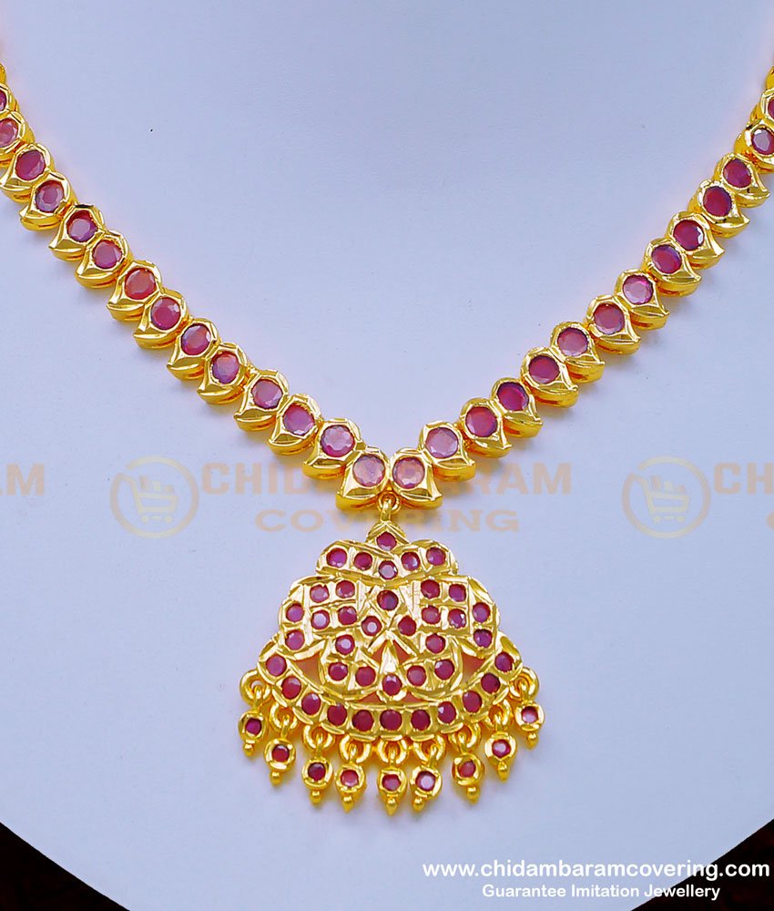 NLC978 - South Indian Bridal Necklace Impon Full Ruby Stone Attigai Design for Women