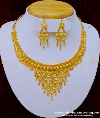 NLC979 - Buy First Quality Gold Forming Necklace with Earring Plain Necklace Set 