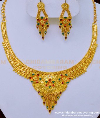 NLC980 - Real Gold Pattern Forming Gold Enamel Earring with Necklace Set 