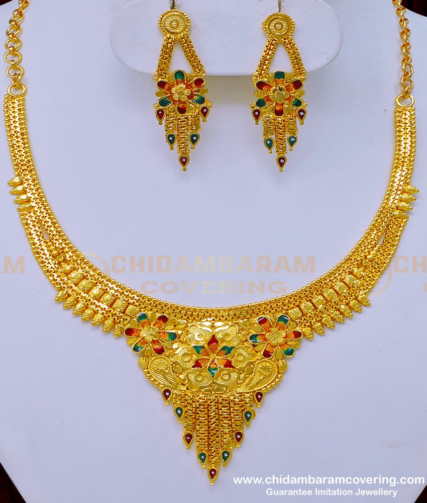 NLC980 - Real Gold Pattern Forming Gold Enamel Earring with Necklace Set 