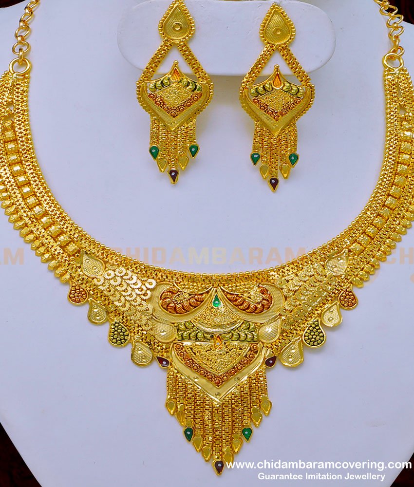 NLC981 - Stunning Gold High Quality Forming Gold Enamel Necklace Set for Wedding 